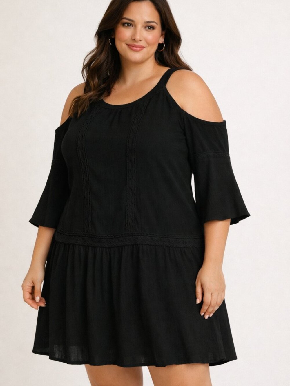 Terra & Sky Black Textured Scoop Neck Peekaboo Shoulder Dress